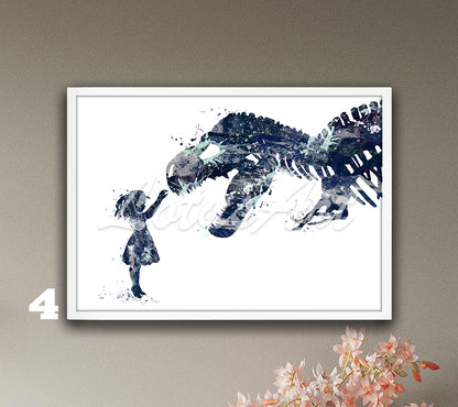 Girl and T-Rex Watercolor Art Print – Tyrannosaurus Rex Dinosaur Nursery & Kids Room Wall Decor