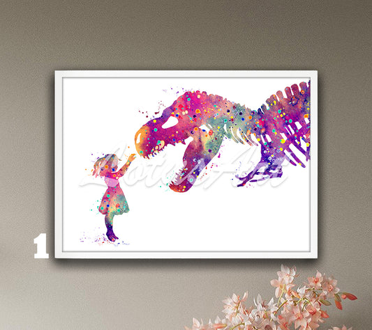 Girl and T-Rex Watercolor Art Print – Tyrannosaurus Rex Dinosaur Nursery & Kids Room Wall Decor