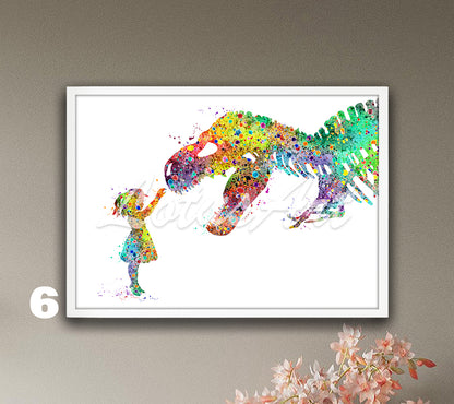 Girl and T-Rex Watercolor Art Print – Tyrannosaurus Rex Dinosaur Nursery & Kids Room Wall Decor