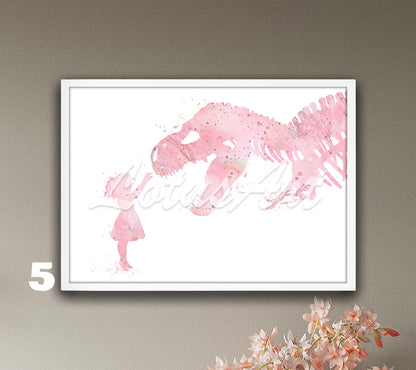Girl and T-Rex Watercolor Art Print – Tyrannosaurus Rex Dinosaur Nursery & Kids Room Wall Decor