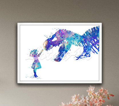 Girl & T-Rex Watercolor Art Print – Dinosaur Nursery & Animals Kids Room Wall Decor