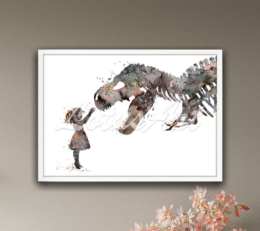 Girl and T-Rex Watercolor Wall Art – Nursery Dinosaur Gifts & Kids Room Decor