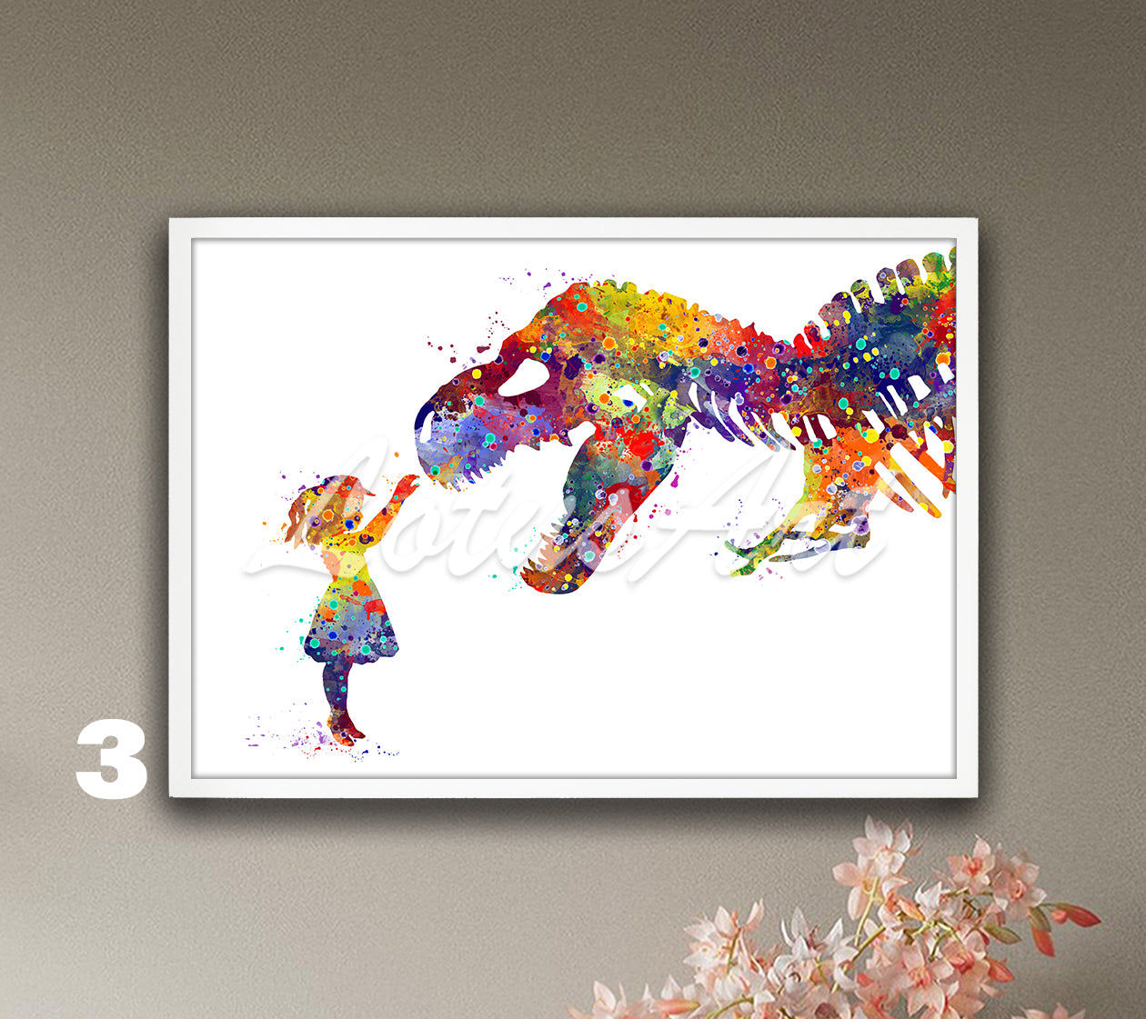 Girl and T-Rex Watercolor Art Print – Tyrannosaurus Rex Dinosaur Nursery & Kids Room Wall Decor