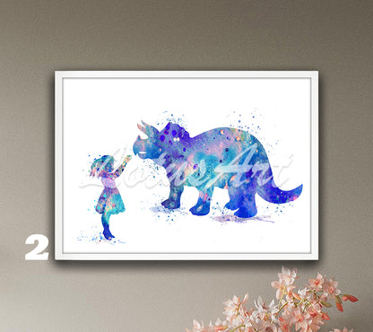 Girl & Dinosaur Triceratops Watercolor Wall Art Print: Fantasy Kids Room & Nursery Decor