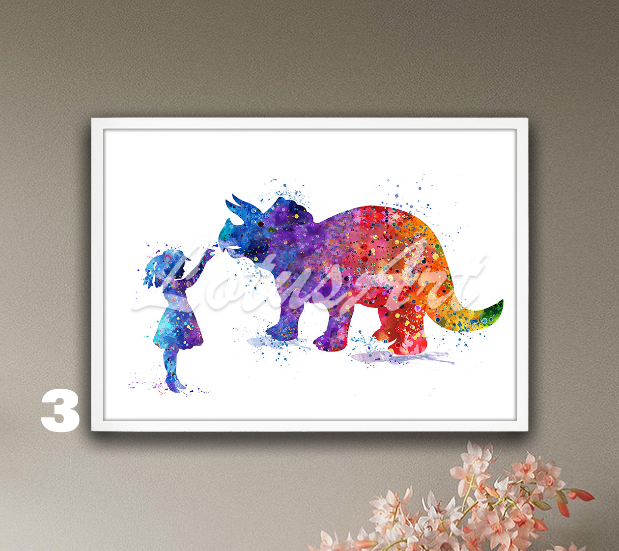Girl & Dinosaur Triceratops Watercolor Wall Art Print: Fantasy Kids Room & Nursery Decor
