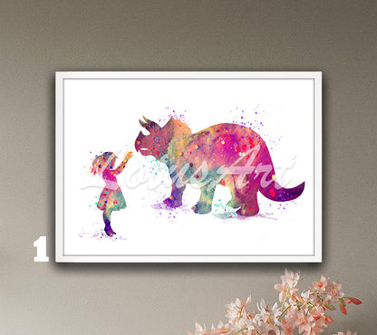 Girl & Dinosaur Triceratops Watercolor Wall Art Print: Fantasy Kids Room & Nursery Decor