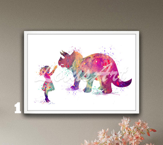 Girl & Dinosaur Triceratops Watercolor Wall Art Print: Fantasy Kids Room & Nursery Decor