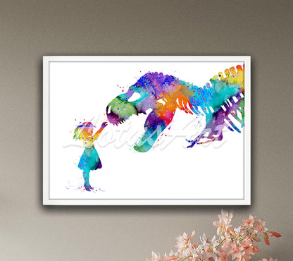 Girl and T-Rex dinosaur watercolor art for prehistoric animals kids room in vivid multicolor tones, colorful dinosaur lover gift