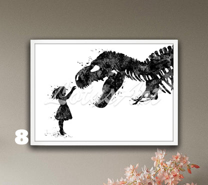 Black-white girl and T-Rex dinosaur watercolor wall art print for prehistoric animals decor, dramatic dinosaur lover gift