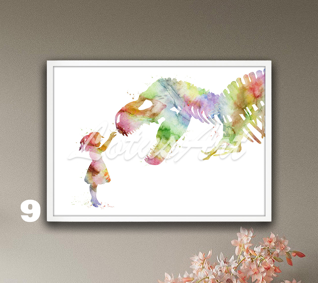 Girl and T-Rex dinosaur watercolor wall art print for prehistoric animals in light pastel tones, soft nursery gift