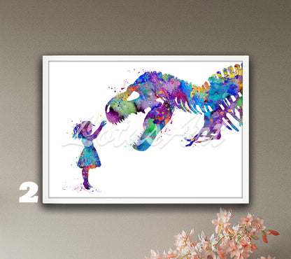 Girl and T-Rex Watercolor Art Print – Tyrannosaurus Rex Dinosaur Nursery & Kids Room Wall Decor