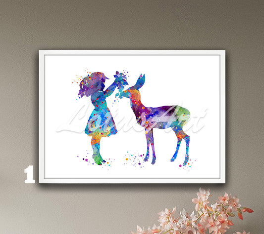Girl and Doe Watercolor Art Print – Forest Animals & Wildlife Nursery Wall Decor