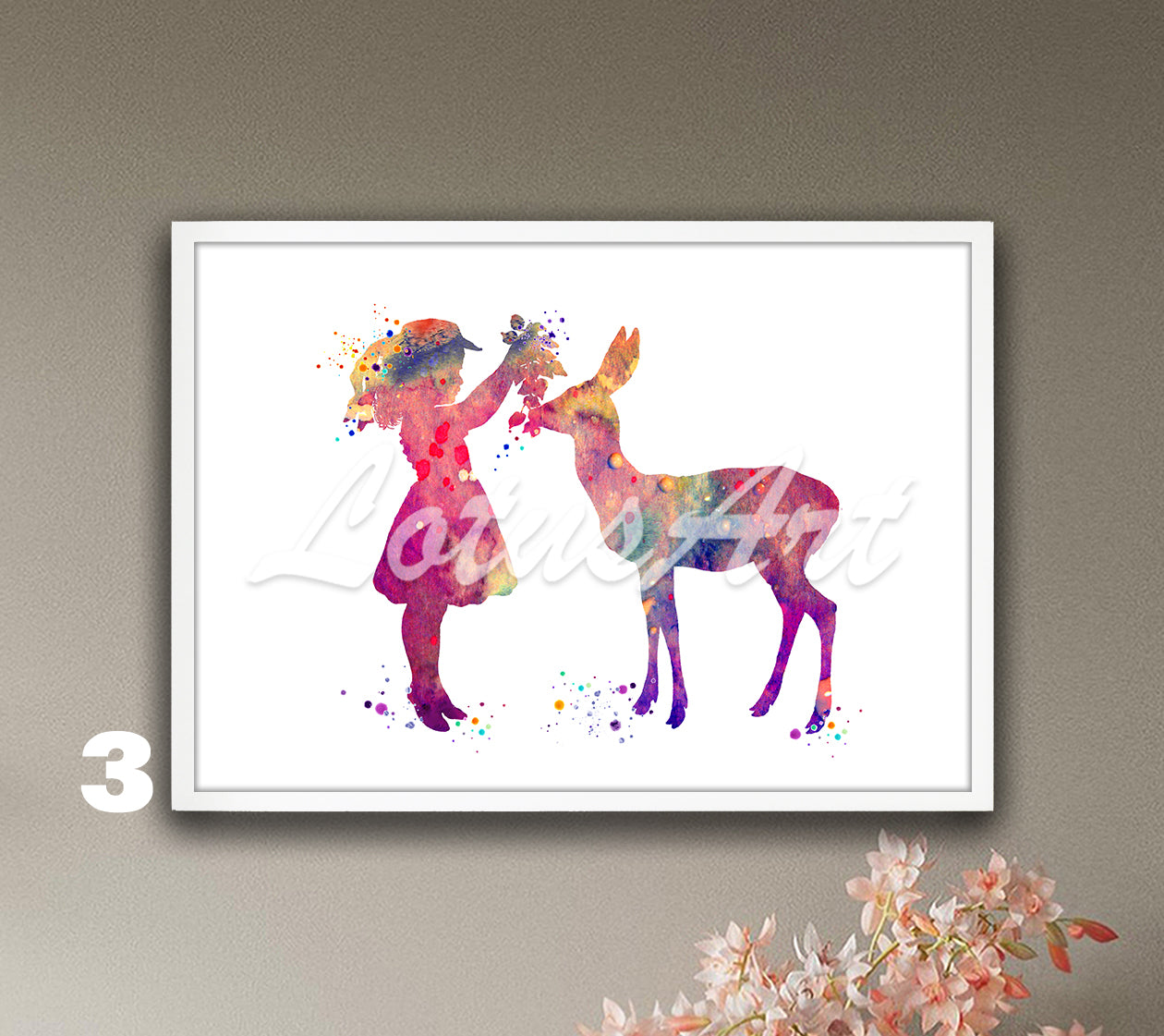 Girl and Doe Watercolor Art Print – Forest Animals & Wildlife Nursery Wall Decor