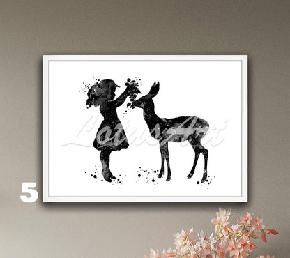 Girl and Doe Watercolor Art Print – Forest Animals & Wildlife Nursery Wall Decor