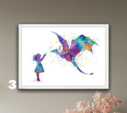 Girl and Dragon Watercolor Print – Fantasy Kids Room & Nursery Wall Art