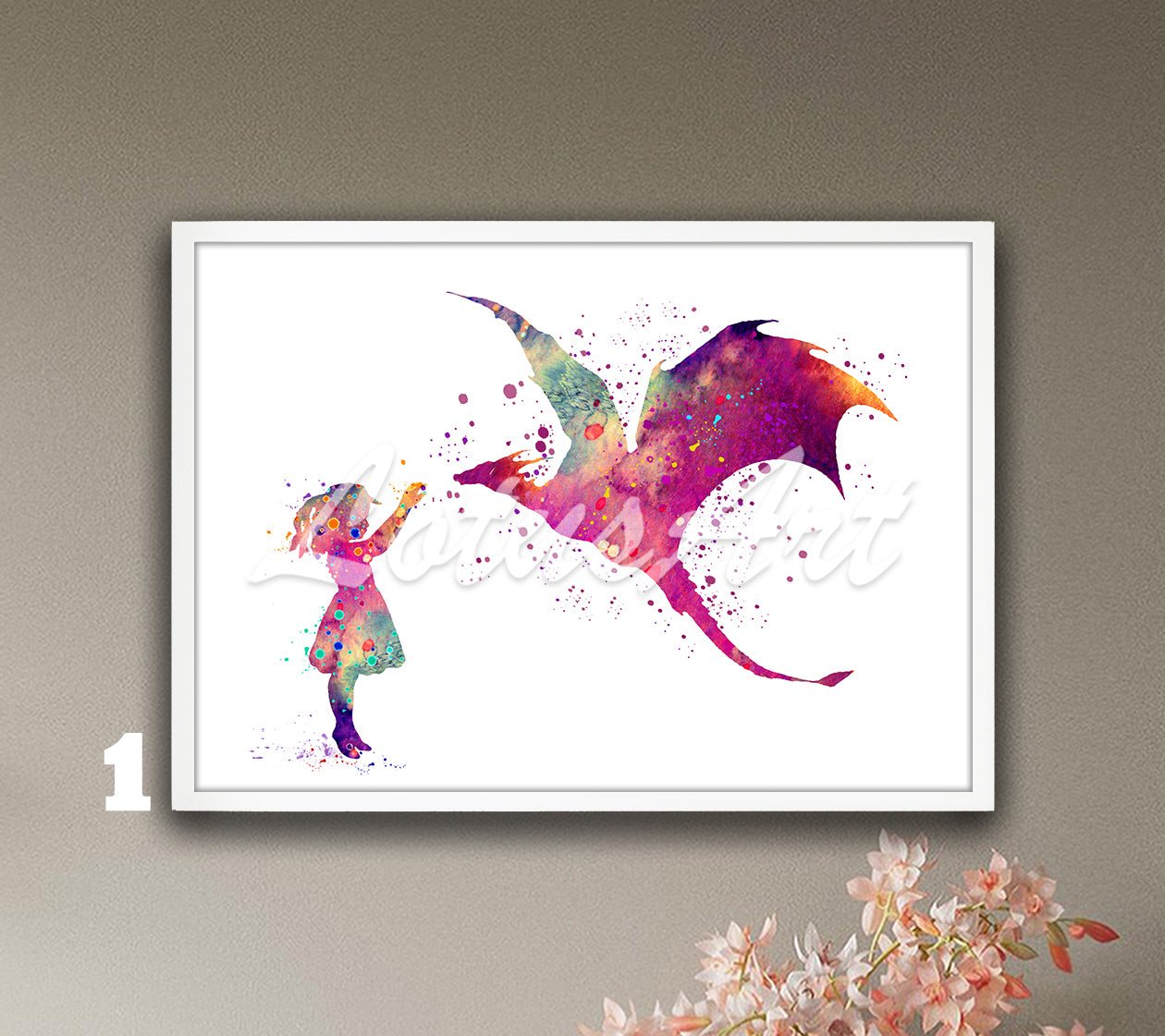 Girl and Dragon Watercolor Print – Fantasy Kids Room & Nursery Wall Art