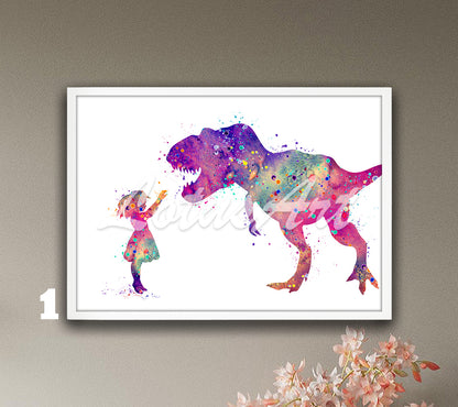 Girl & Dinosaur T-Rex Watercolor Wall Art – Kids Gifts & Nursery Animals Decor