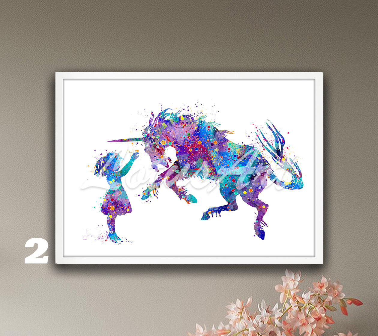 Girl & Unicorn Watercolor Art Print, Fantasy Animals Nursery, Kids Room Wall Decor