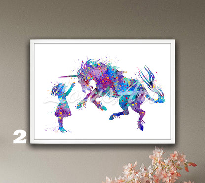 Girl & Unicorn Watercolor Art Print, Fantasy Animals Nursery, Kids Room Wall Decor