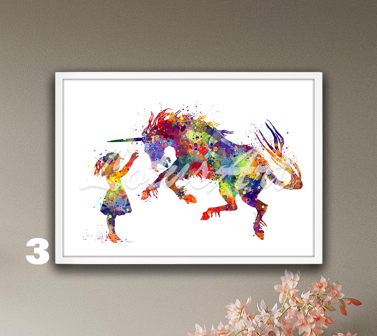 Girl & Unicorn Watercolor Art Print, Fantasy Animals Nursery, Kids Room Wall Decor
