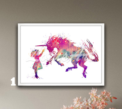 Girl & Unicorn Watercolor Art Print, Fantasy Animals Nursery, Kids Room Wall Decor