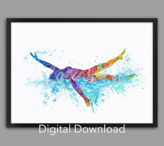 Girl backstroke swimming watercolor print in rainbow, sports art, instant digital download for girls room & swim team decor