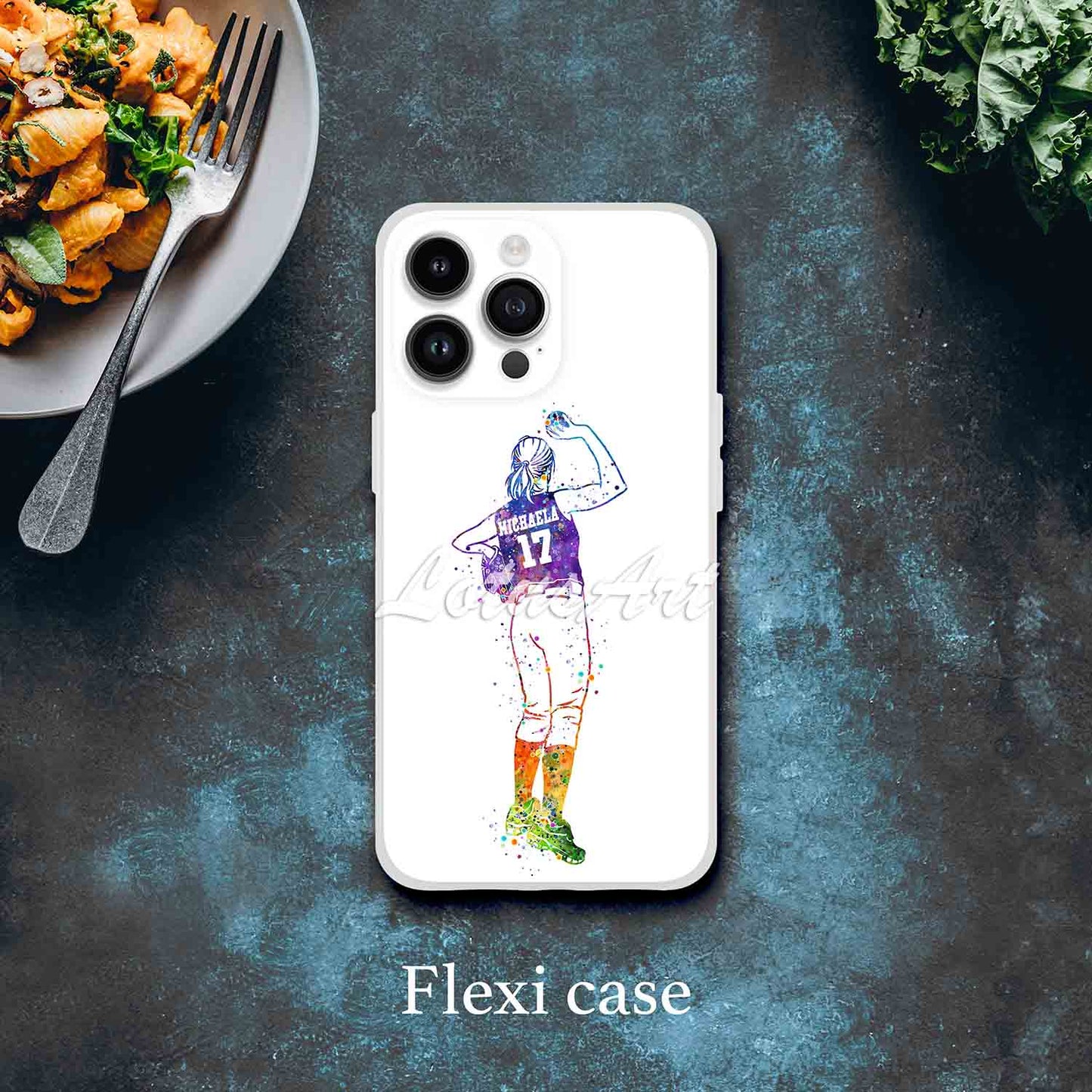 Girl baseball pitcher personalized phone case watercolor sports art, custom name & jersey number, flexi case lifestyle