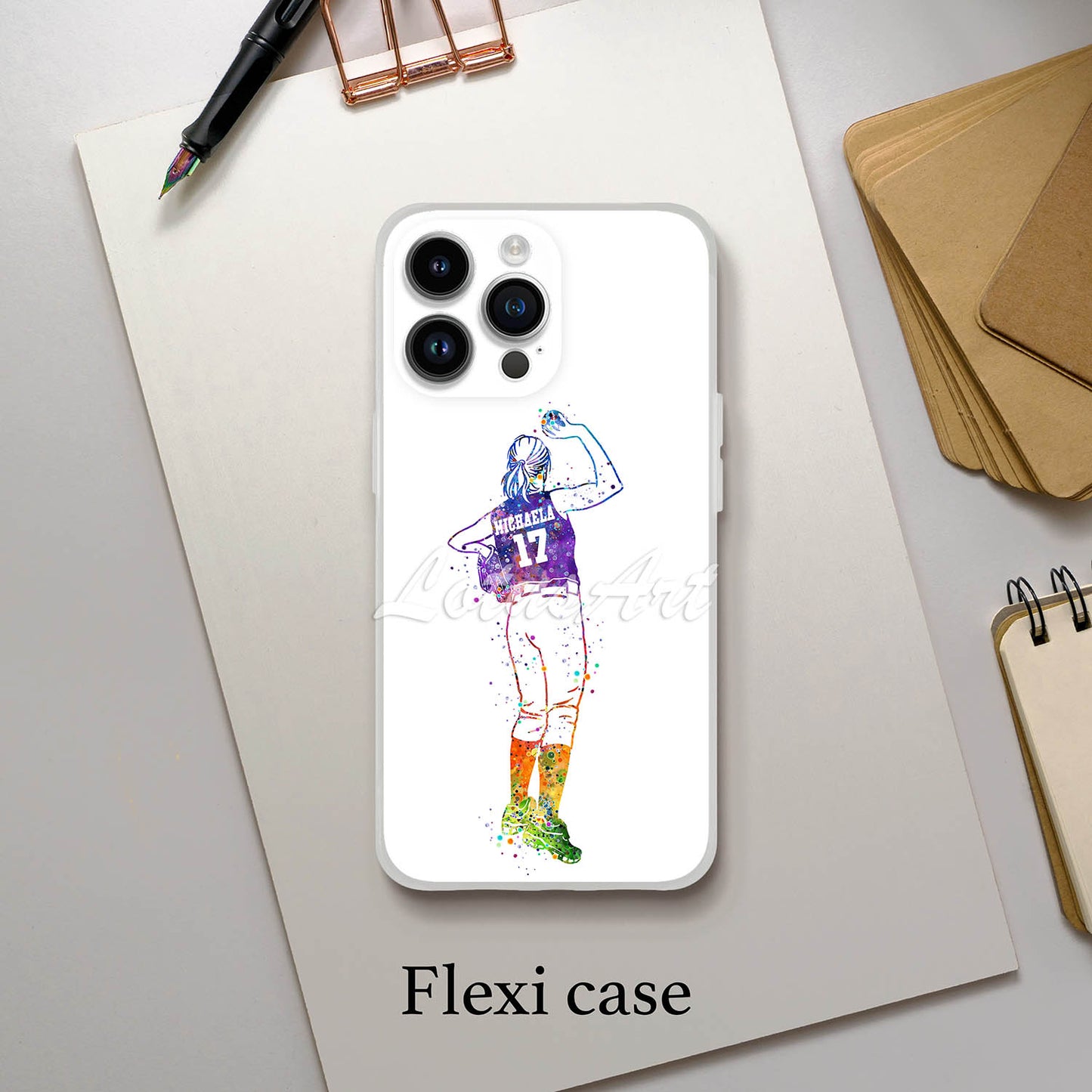 Girl baseball pitcher personalized phone case watercolor sports art, custom name & jersey number, flexi case lifestyle
