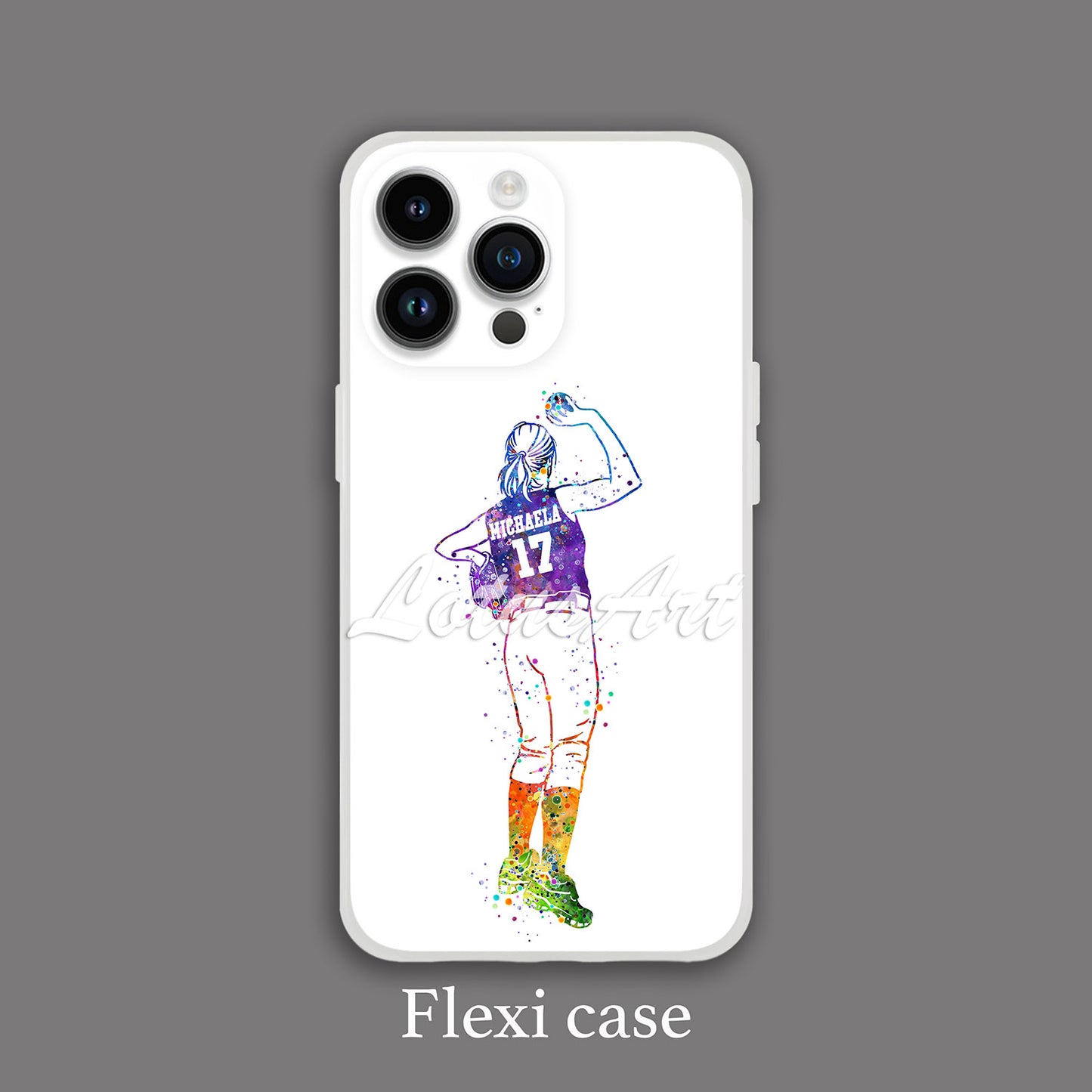 Girl baseball pitcher personalized phone case watercolor sports art, custom name & number, flexi & tough case front view