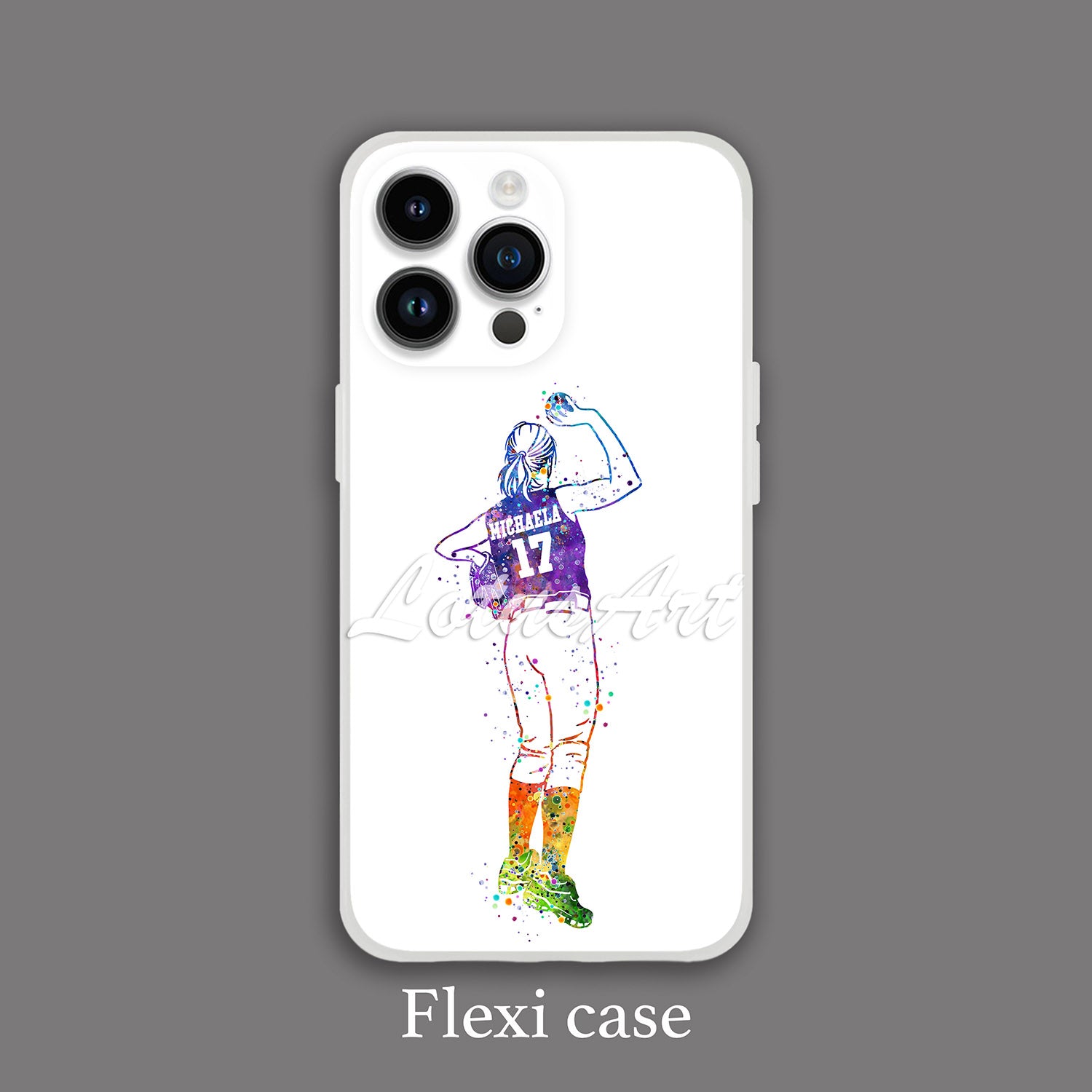 Girl baseball pitcher personalized phone case watercolor sports art, custom name & number, flexi & tough case front view