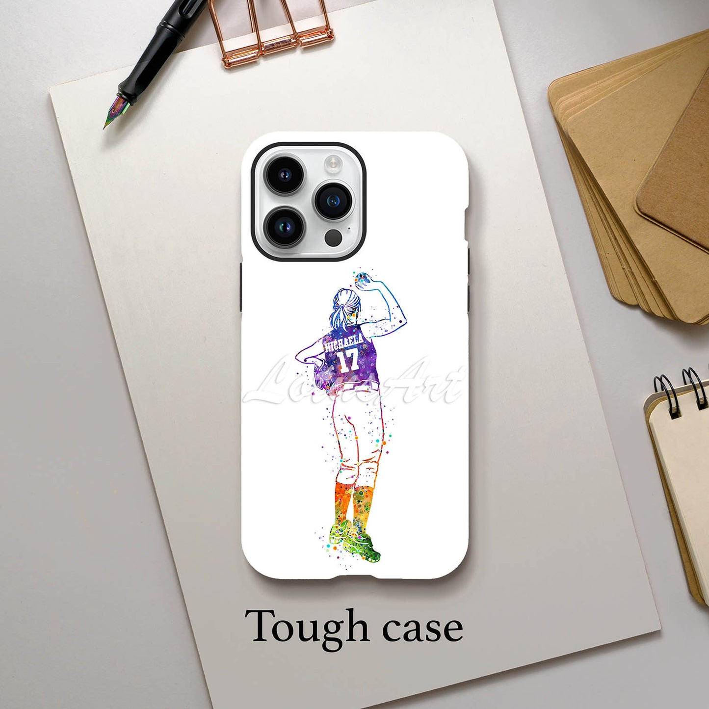 Girl baseball pitcher personalized phone case watercolor sports art, custom name & jersey number, tough case featured