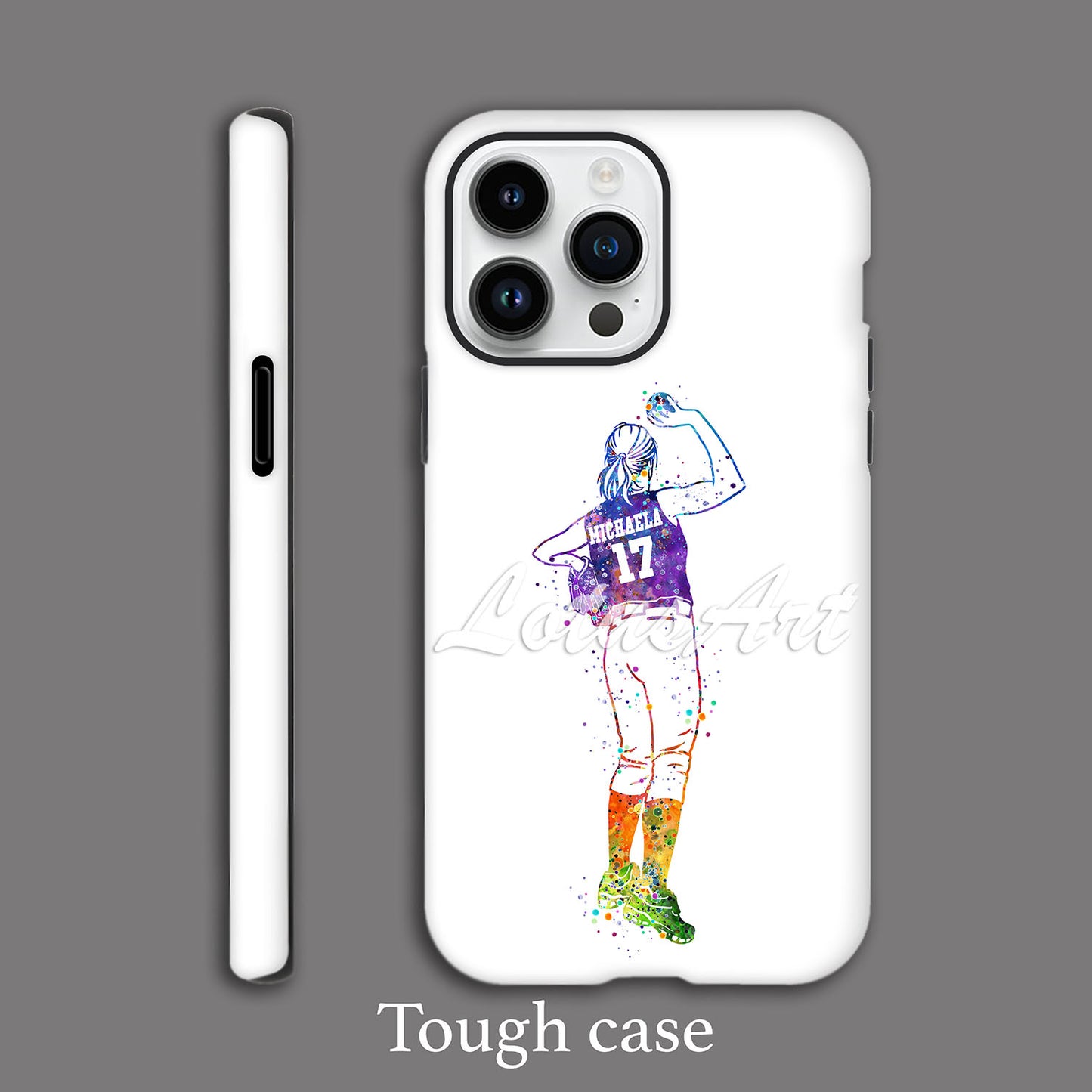 Girl baseball pitcher personalized phone case watercolor sports art, custom name & jersey number, tough case grey bg