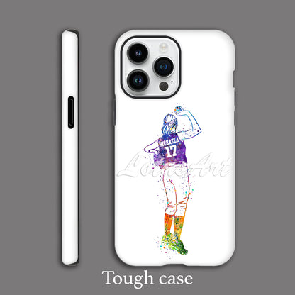 Girl baseball pitcher personalized phone case watercolor sports art, custom name & jersey number, tough case grey bg