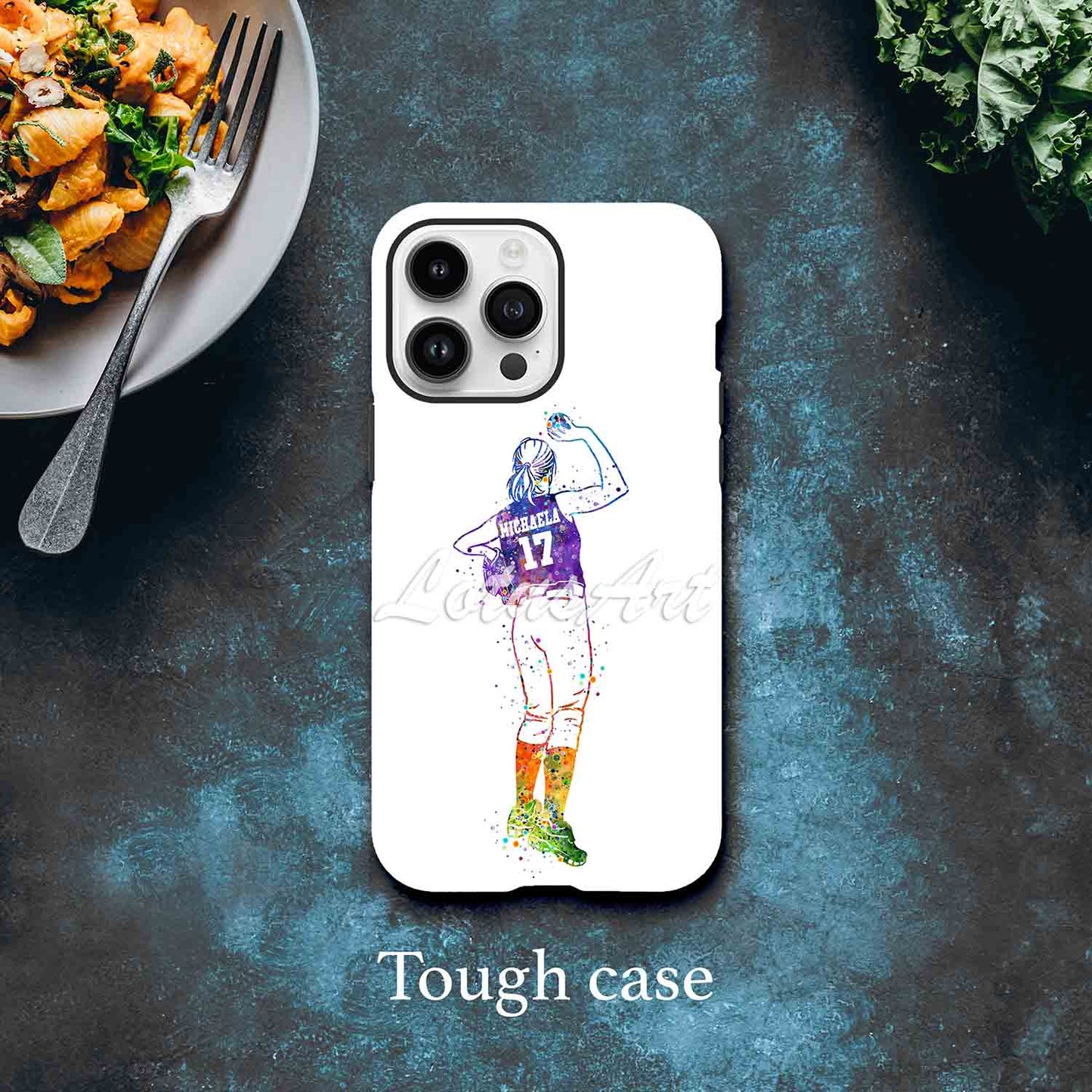 Girl baseball pitcher personalized phone case watercolor sports art, custom name & jersey number, tough case lifestyle