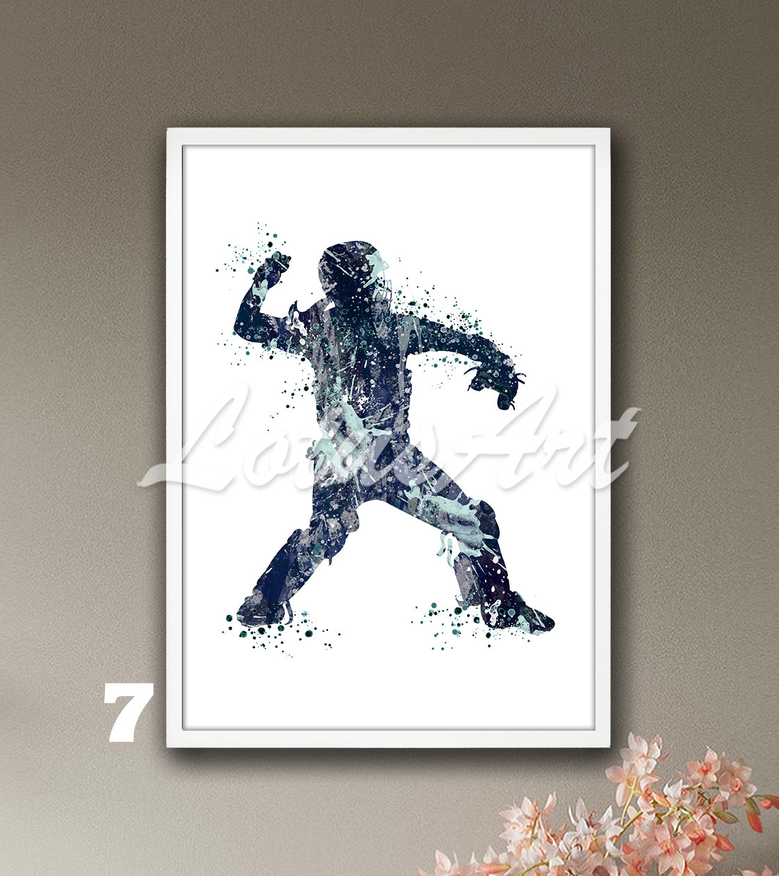 Sports art print depicting a girl baseball softball catcher – watercolor painting in navy and light teal.