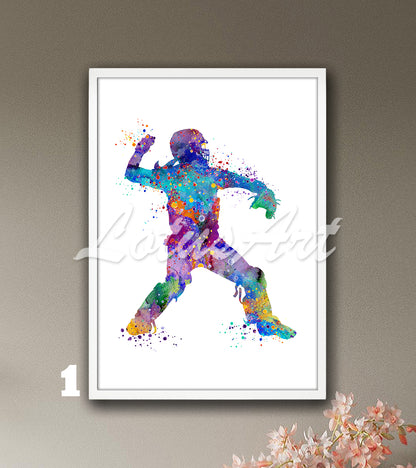 Sports art print depicting a girl baseball softball catcher – watercolor painting in multicolor.