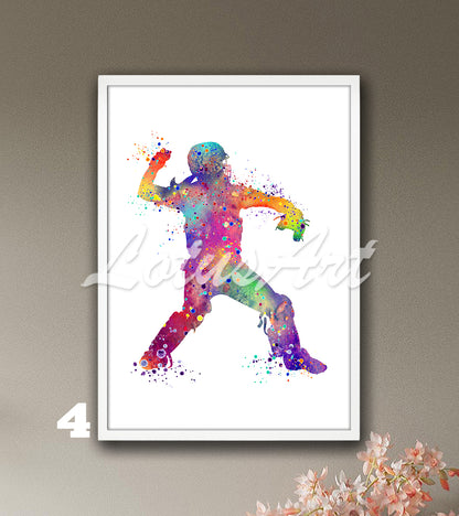 Sports art print depicting a girl baseball softball catcher – colorful and multicolor watercolor painting.