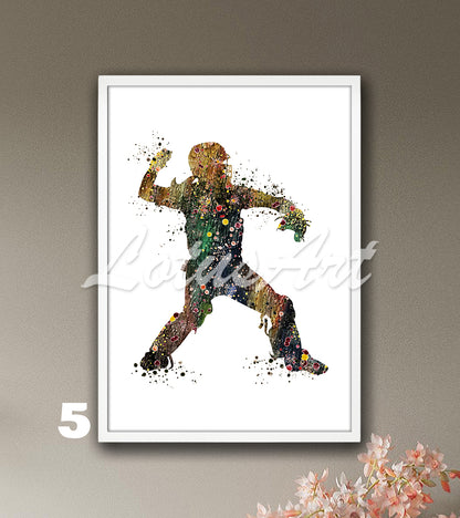 Sports art print depicting a girl baseball softball catcher – watercolor painting with brown pastel colors.