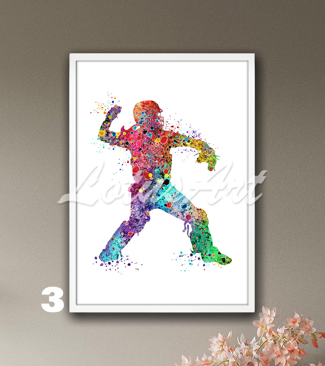 Sports art print depicting a girl baseball softball catcher – watercolor painting with rainbow colors.