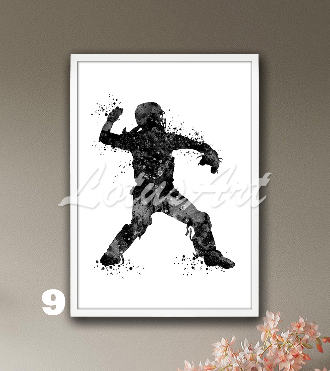 Sports art print depicting a girl baseball softball catcher – watercolor painting in black-white colors.