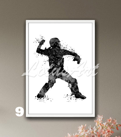 Sports art print depicting a girl baseball softball catcher – watercolor painting in black-white colors.