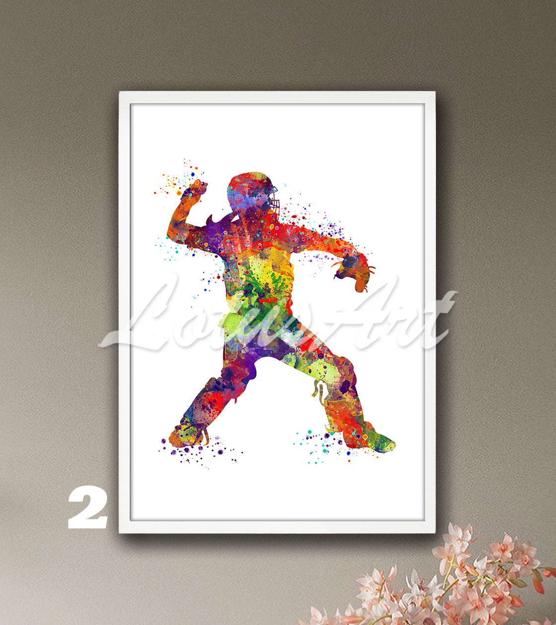 Sports art print depicting a girl baseball softball catcher – watercolor painting in multi-color.