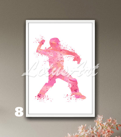 Sports art print depicting a girl baseball softball catcher – watercolor painting in pink tones.