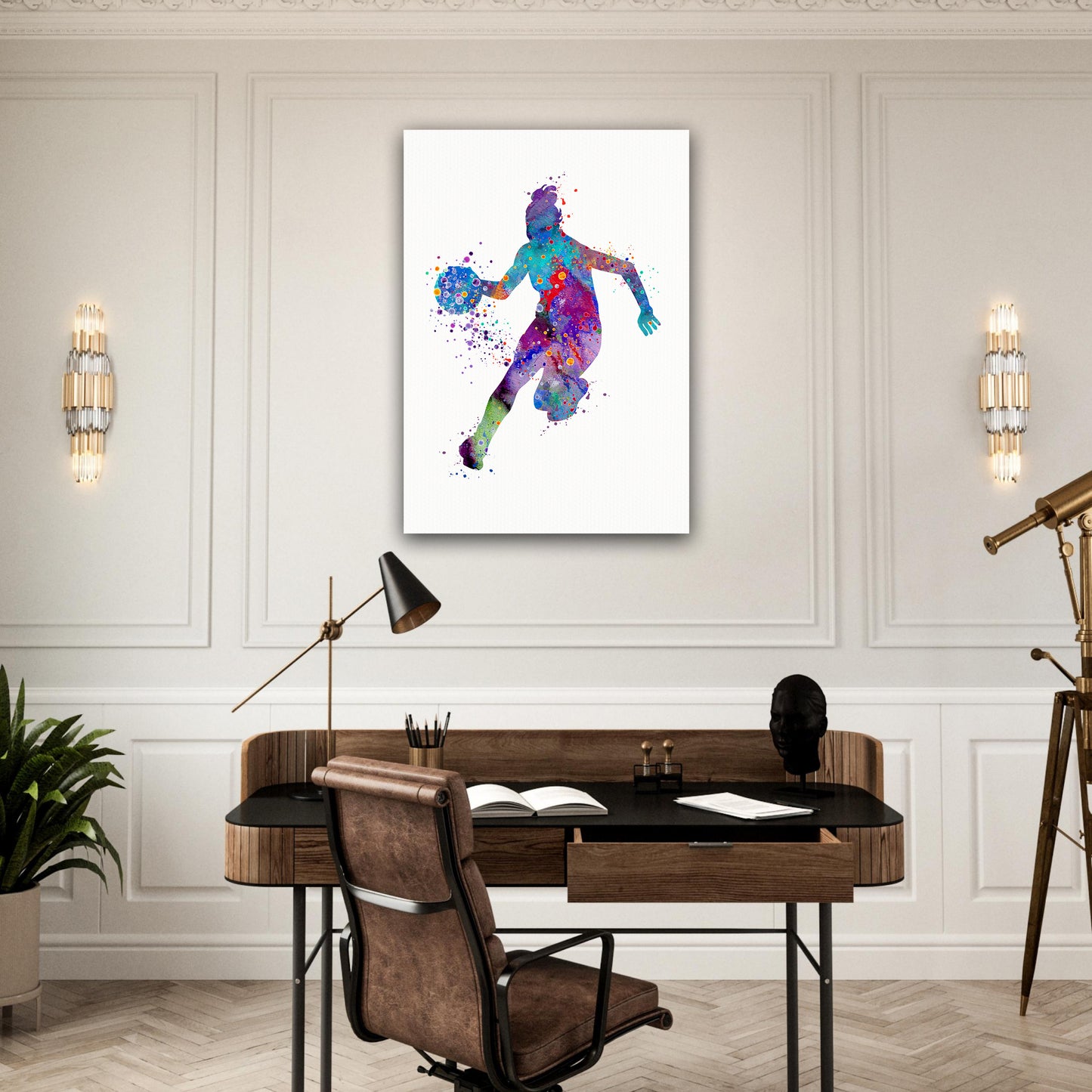 Girl basketball canvas wall art stretched - watercolor sports print in home office
