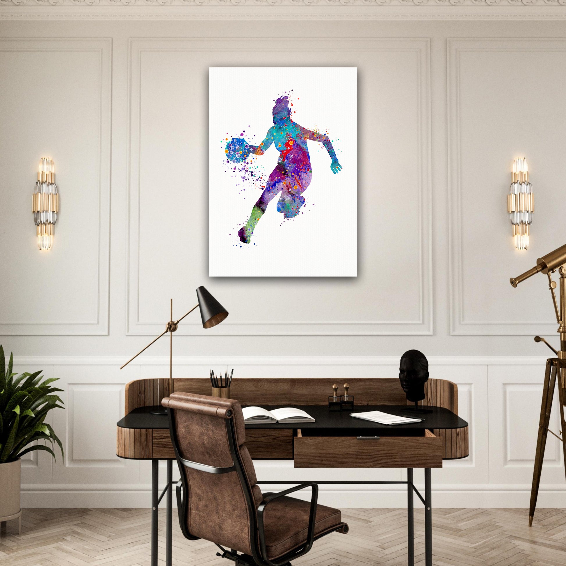 Girl basketball canvas wall art stretched - watercolor sports print in home office
