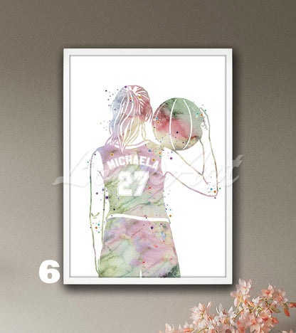 Personalized Girl Basketball Player Watercolor Print – Custom Name & Number Sports Wall Art