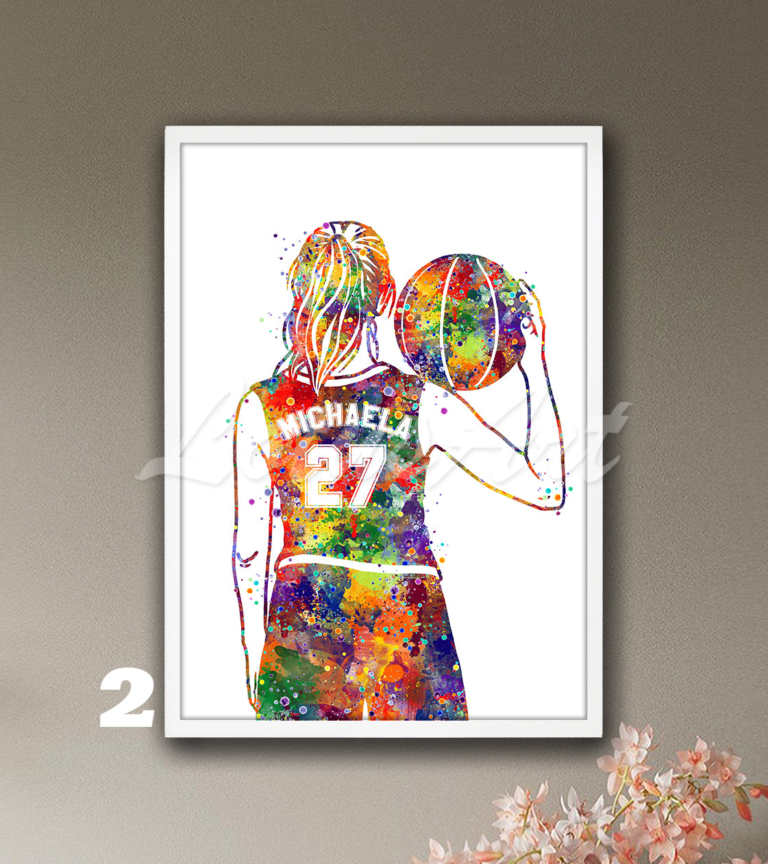 Personalized Girl Basketball Player Watercolor Print – Custom Name & Number Sports Wall Art