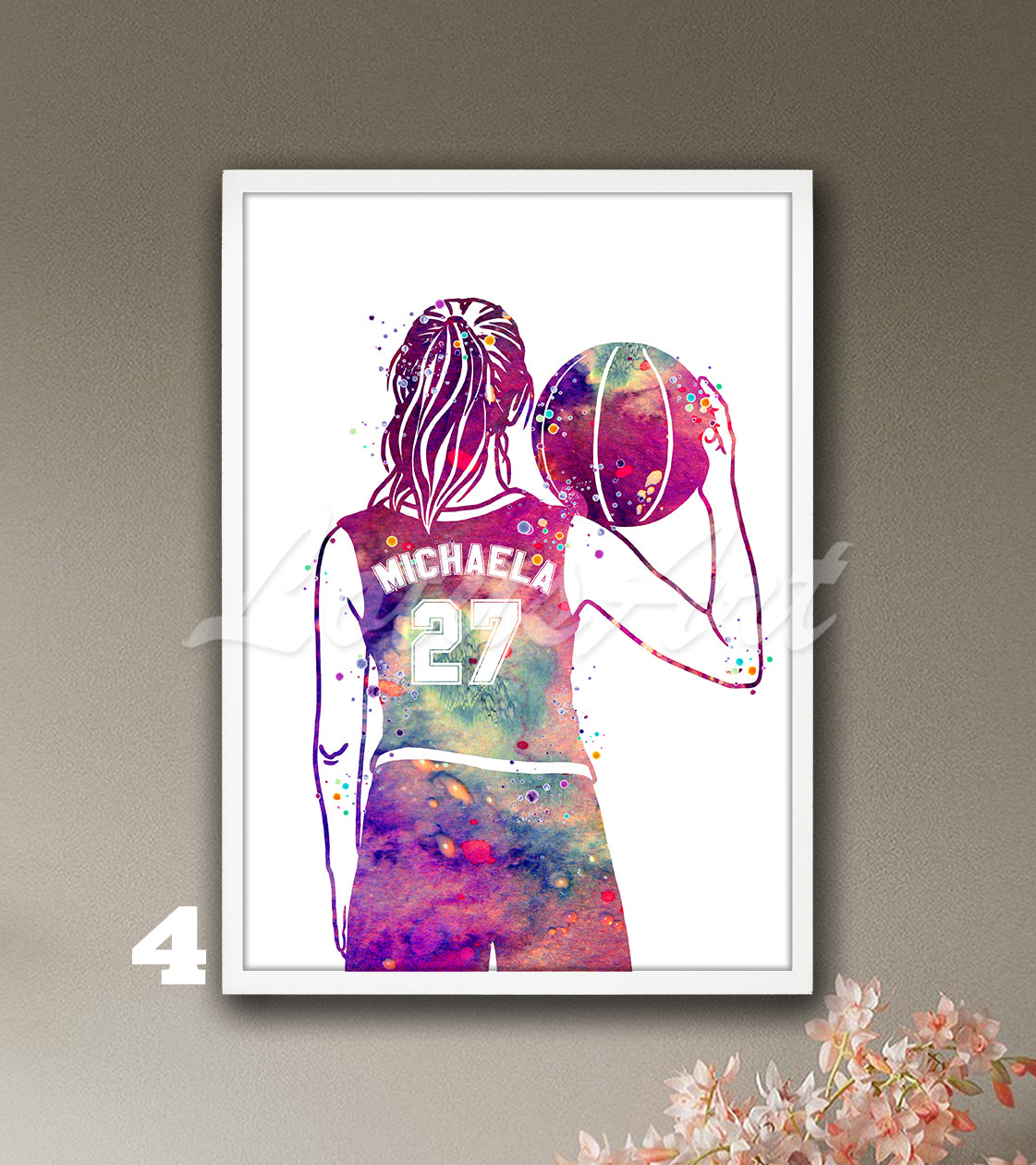 Personalized Girl Basketball Player Watercolor Print – Custom Name & Number Sports Wall Art