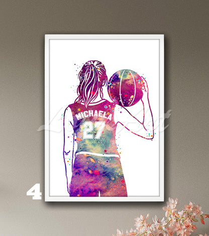 Personalized Girl Basketball Player Watercolor Print – Custom Name & Number Sports Wall Art