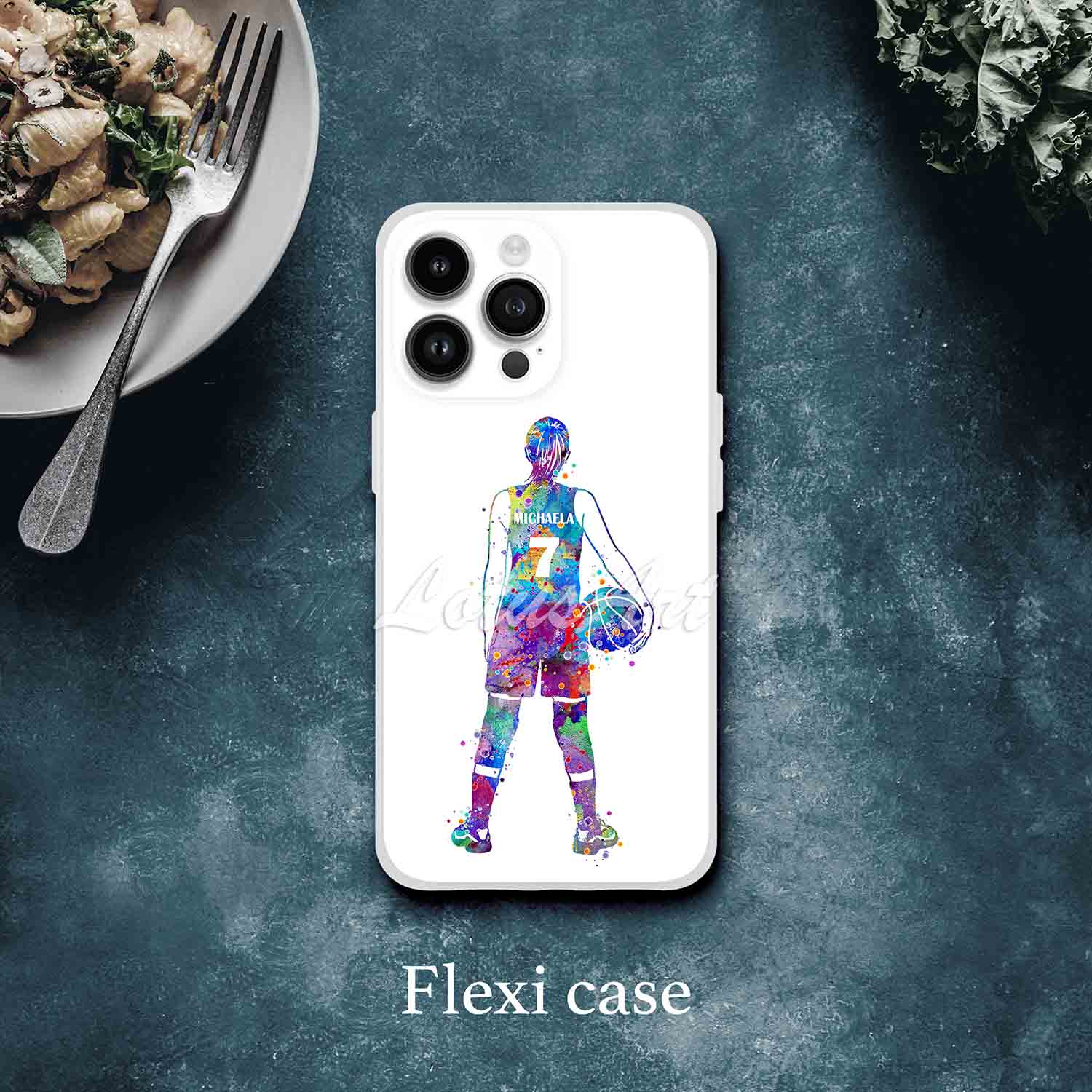 Girl basketball personalized phone case blue-purple watercolor sports art, custom name & jersey number, flexi case featured